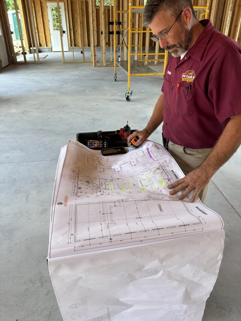 Reading blueprints for electrical services on new addition.